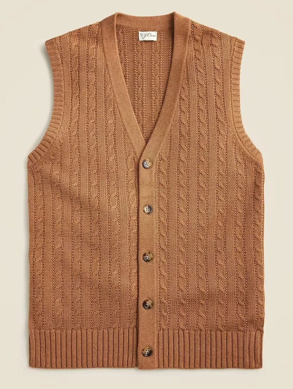 J Crew Men's Heritage Cotton Cardigan Sweater Vest Cable Knit Size L Camel Brown